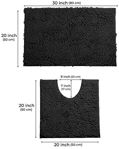 LuxUrux Bathroom Rugs Sets 2 Piece: Quick Dry, Soft Plush Anti-Slip, Super Absorbent. Includes Rectangular (31x20 inches) & U-Shaped Toilet Mat (20x20 inches) | Black