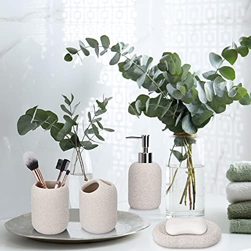L'ARL GMVOI Bathroom Accessory Set,4 Piece Bathroom Decor Accessories Sets with Lotion Soap Dispenser,Toothbrush Holder,Bathroom Tumbler,Soap Dish for Bathroom Vanity Countertop Accessories,Beige