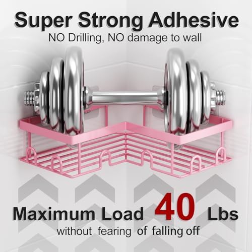 Liuoud Corner Shower Caddy, 5 Pack Adhesive Stainless Steel Organizer, Pink