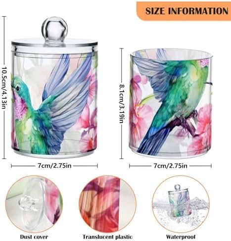 Hummingbirds Qtip Holder 2 Pack - 10 Oz Clear Plastic Apothecary Jar Set for Bathroom Organization - Versatile Canister Storage for Cotton Balls, Swabs, Rounds