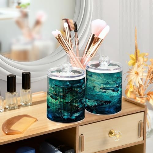 Qtip Holder Dispenser Apothecary Jars with Lids Blue Butterfly Clear Bathroom Container Cotton Swab Ball Holder 4 Pack