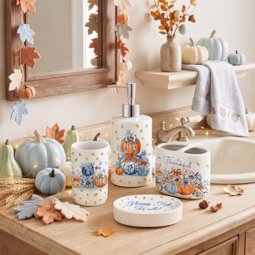 4 Pcs Fall Chinoiserie Ceramic Bathroom Accessories Blue and White Pumpkin Lotion Soap Dispenser, Toothbrush Holder, Tumbler, Soap Dish for Autumn Thanksgiving Bathroom Decorations Gifts