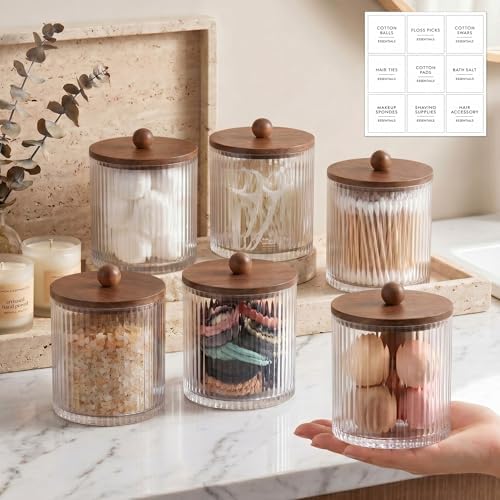 6 Pcs Plastic Holder Dispenser Bathroom Jars with Bamboo Lids, Brown