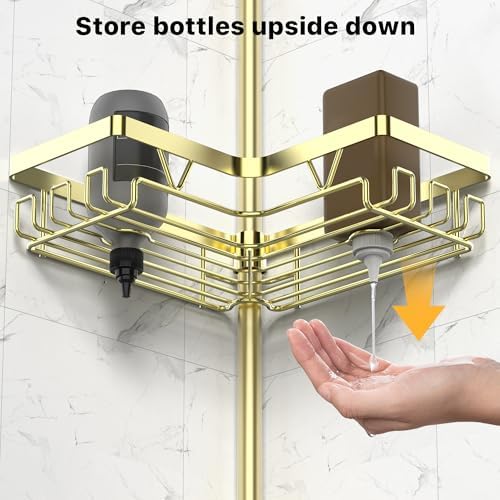 KEGII Corner Shower Caddy Tension Pole, Bathroom Storage Rack, Gold