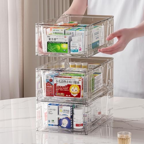 clear Drawer-Type Plastic Storage Box Bins Organizer，Family First Aid Kits Medicine cabinet Box Organizer,Closet ，Shelf，Ointments, Adhesive Bandages，Cosmetics,Office Items (clear, ZZ6L)
