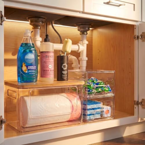 Hudgan Under Sink Organizer 3 in 1, Stackable Acrylic Bathroom Storage, Trash Bag Dispenser and Dishwasher Pods Holder for Kitchen and Laundry Room Organization