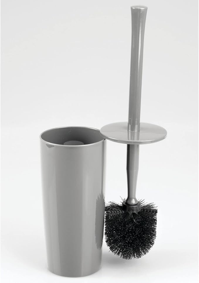 mDesign Slim Plastic Toilet Bowl Brush and Holder Set, Modern Compact Storage Organizer Cleaner Scrubber for Toilet - Heavy Duty Cleaning Plunger for Bathroom, Aura Collection - Gray