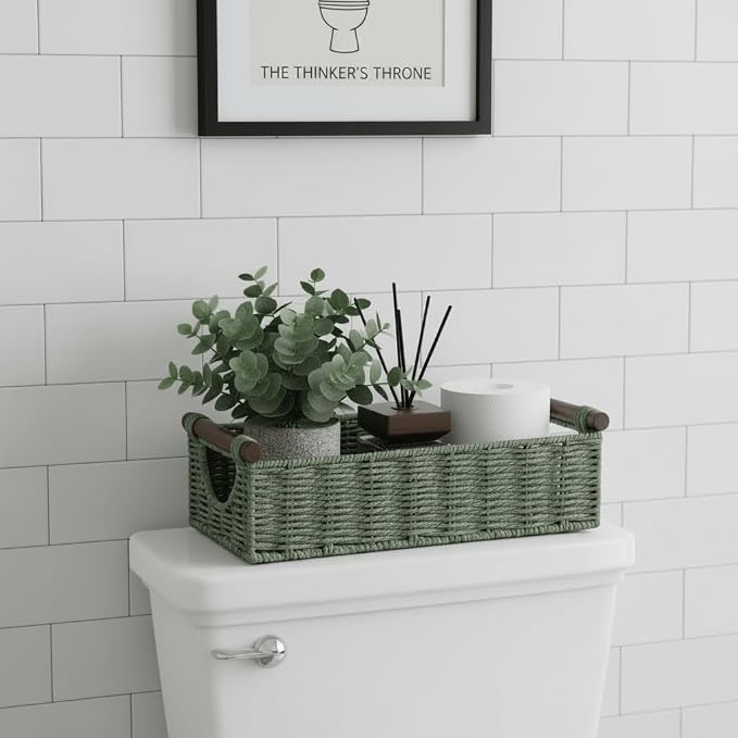 CubesLand Small Wicker Toilet Basket Tray Organizer W/Cut Out Handle, Handwoven Slim Decorative Basket for Countertop, Shelves And for Rustic Home Decor, Living Room, Nursery Organization, Green
