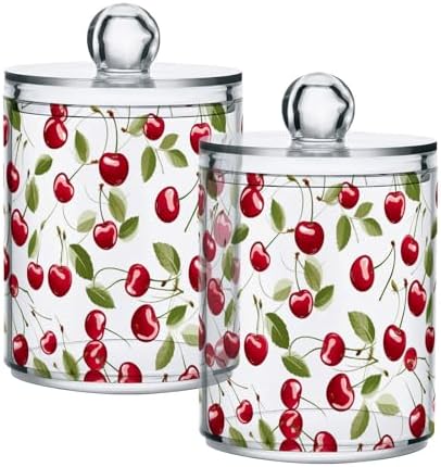 ALAZA 2 Pack Qtip Holder Red Cherry Print, Cotton Swab Dispenser with Lid Bathroom Containers Canister Organizer Storage Jar