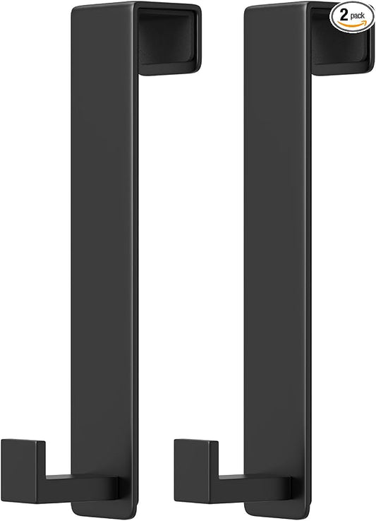 PMMASTO 10 Inch Extended Over The Door Hooks, Rustproof Stainless Steel Door Hanger with Non-Slip Pads for Bathroom Kitchen Entryway (Black, Fits 1-3/4" Thick Door, L Shape 2 Pack)