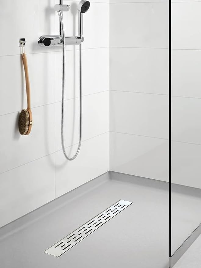 Linear Shower Drain, Shower Drain 32 inch with Bar Pattern Grate, Durable AISI 304 Stainless Steel Shower Drain, Linear Drain with Hair Strainer and Leveling Feet