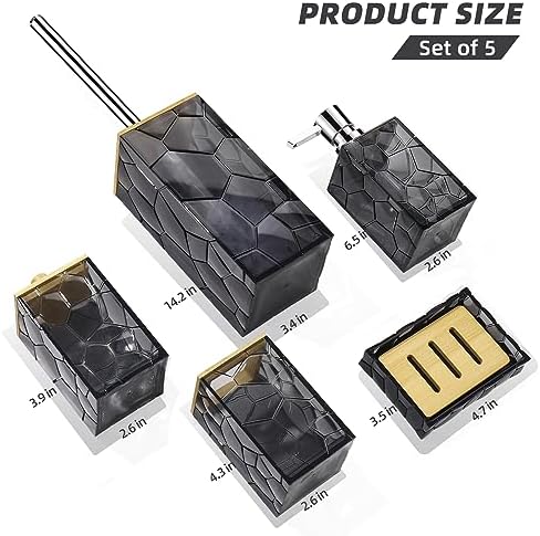 GAHEFY Black Grey Bathroom Accessories Set, Toothbrush Holder, Soap Dispenser, Cotton Swabs Holder, Soap Dish, Toilet Brush with Holder, Black Bamboo Bathroom Decor,Acrylic