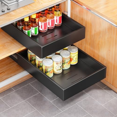 2Pack Pull out Cabinet Organizer, 21"Deep, Heavy Duty Full-extension Slide out Drawers for Kitchen Cabinet, Roll out Shelf Storage with Nano Adhesive for Pots,12"W x 21"D x 3.1"H, Black