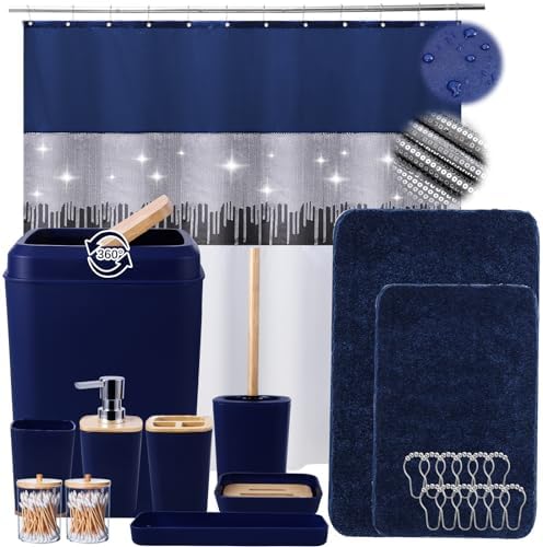24PCS Bathroom Sets with Shower Curtain and Rugs, Navy Blue Bathroom Accessories Set Navy Blue Shower Curtain Set Bathroom Accessories with Bathroom Trash Can