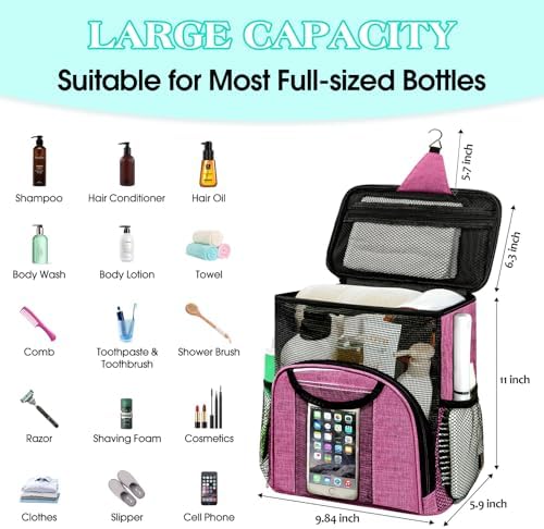 Attmu Portable Shower Caddy College Tote Bag, Quick Dry Hanging Toiletry Bag, Large Capacity Mesh Shower Caddy Portable for College Dorm Room Essentials for Boys and Girls for Bath Camping (Pink)