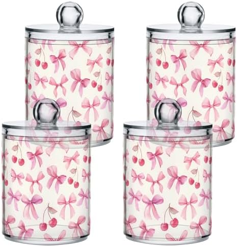 ALAZA 2pcs Watercolor Bow Cherry Qtip Holder Dispenser 14 oz Bathroom Storage Clear Apothecary Jars Containers Cotton Ball,Cotton Rounds,Floss Picks, Hair Clips, Food