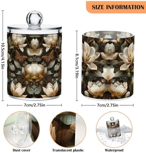 4 Pack Magnolia Flowers Apothecary Jars with Lid, Qtip Holder Storage Containers for Cotton Ball, Swabs, Pads, Clear Plastic Canisters for Bathroom Vanity Organization (10 Oz)