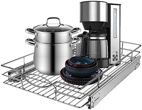 Sikarou Pull Out Cabinet Organizer 11" W x 21" D, Heavy Duty Kitchen Cabinet Pull Out Shelves, Slide Out Wire Basket for Kitchen Cabinets, Bathroom, Pantry, Chrome Finish