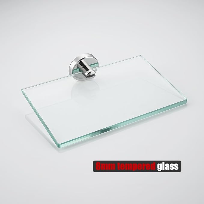 JQK Bathroom Glass Shelf Chrome, Tempered Glass Shower Storage 8 by 5 inches, 304 Stainless Steel Polished Chrome Wall Mount 2 Pack, TGS101L8-CH-P2