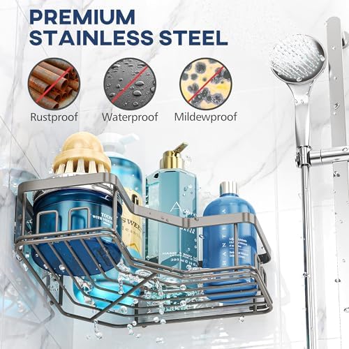 MAXIFFE 3 Pack Corner Shower Caddy with Soap Holder, Large Capacity Sturdy Easy Install No Drilling Stainless Steel Hold 40 LBS Shower Organizer Shelves Rack Storage for Family Renters Bathroom, Grey