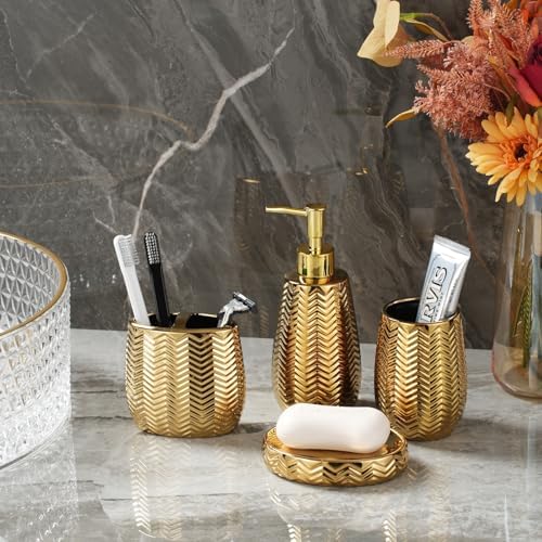 Bathroom Accessories Set 4 Pcs, Gold Ceramic Bathroom Accessories Complete with Soap Dispenser, Toothbrush Holder, Bathroom Tumbler, and Soap Dish - Modern Bathroom Decor