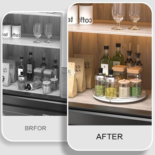Oroyutor 12-Inch Oak Lazy Susan Spice Organizer with Silver Metal Rail