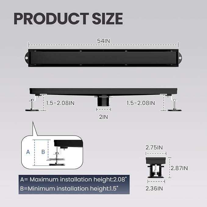 Linear Shower Drain 54 Inch Black, Brushed AISI 304 Stainless Steel Shower Drain with 2-in-1 Tile Insert Panel, for Bathroom, Kitchen, Garage & More