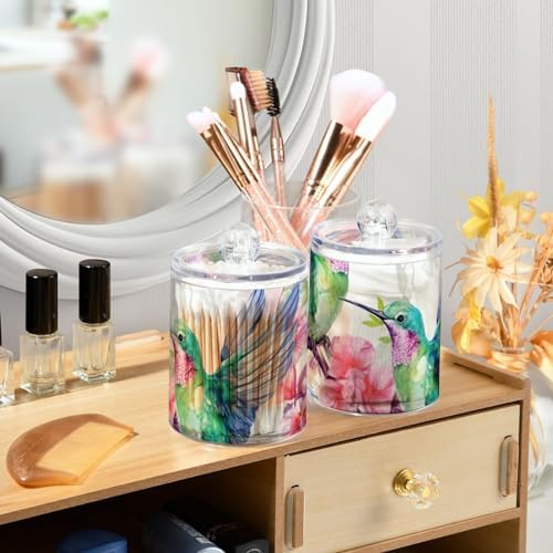 Hummingbirds Qtip Holder 2 Pack - 10 Oz Clear Plastic Apothecary Jar Set for Bathroom Organization - Versatile Canister Storage for Cotton Balls, Swabs, Rounds