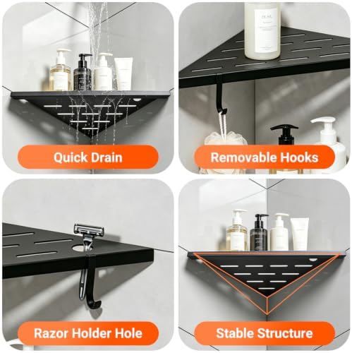Corner Shower Shelves, 10" Matte Black 304 Stainless Steel Recessed Shelf for Bathroom，With silicone soap dish and razor holder，Grout in Shelf with Hooks for Tiled Wall 2 Pack (Black)