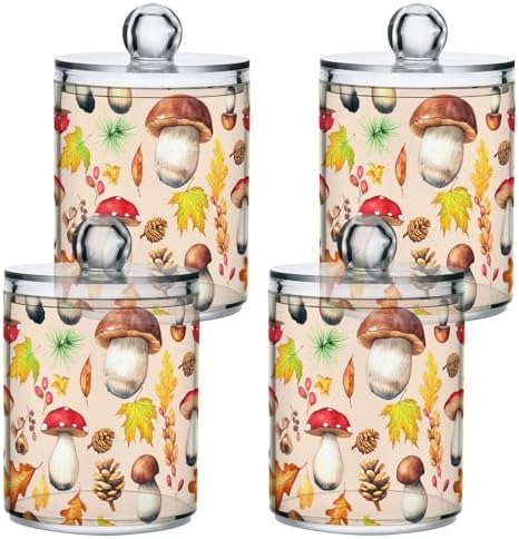 DOMIKING Mushroom Maple Leaf Beige 2 Pack Cotton Swab Holder Dispenser Plastic Jar Bathroom Storage Canister Acrylic Containers for Sponges Cotton Ball Floss Makeup