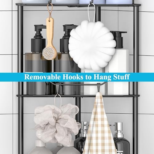 HuggieGems 4 Tier Floor Standing Corner Shower Caddy Organizer Shelf with Hooks, Bathroom Shelves Stand Rack, Black