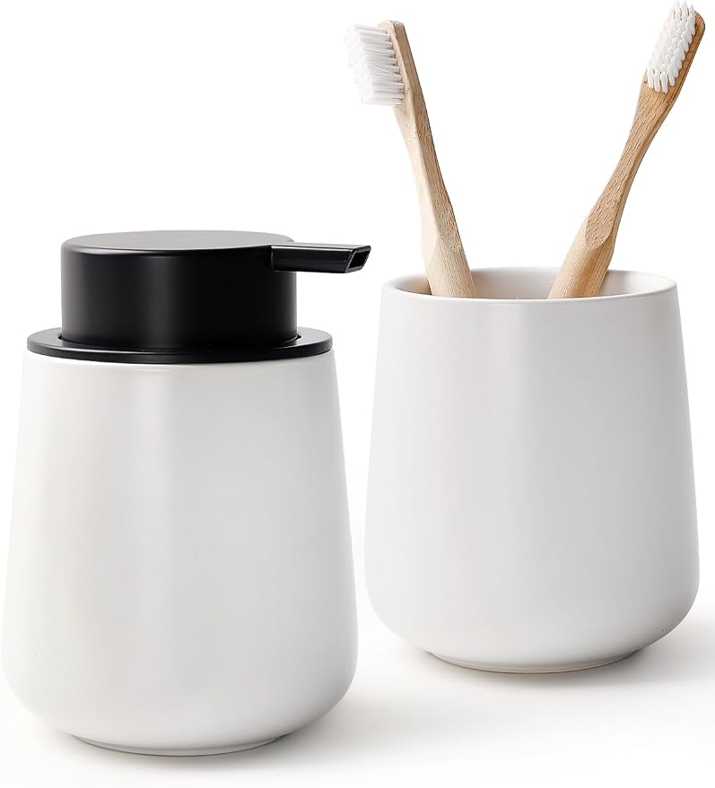 Bosilunlife Soap and Toothbrush Holder Set - Ceramic Bathroom Accessories Set White Foaming Hand Soap Dispenser Set Bathroom Counter Toothbrush Holder and Soap Dispenser Set