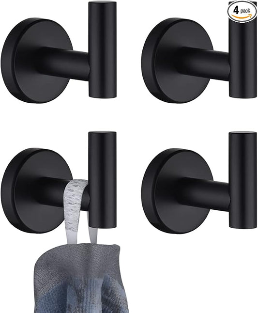 JQK Black Bathroom Towel Hook, Coat Robe Clothes Hook for Bathroom Kitchen Garage Wall Mounted (4 Pack), 304 Stainless Steel Matte Black, TH100-PB-P4