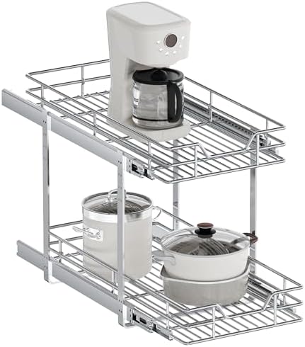 2-Tier Pull Out Cabinet Organizer, 12.5" W x 21.5" D, Heavy Duty Dual Slide Out Shelves for Narrow Base Cabinets, Chrome Wire Basket Drawer for Spices, Bottles & Snacks