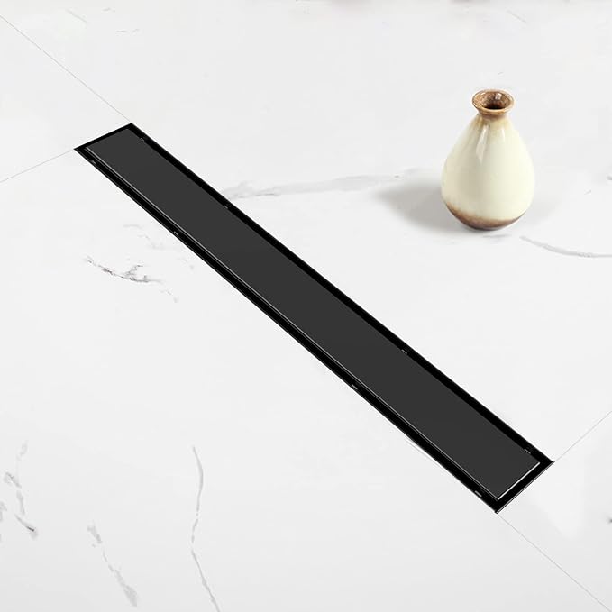 Linear Shower Drain, 32 inch Black Drain with Tile Insert 2-in-1 Panel, Brushed 304 Stainless Steel Shower Floor Drain, Linear Drain with Hair Strainer and Adjustable Feet
