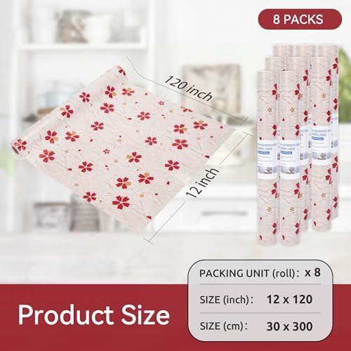FIFTY FEET 12"x120" Non-Adhesive Shelf Liner for Kitchen Cabinets and Drawers, Washable Non-Slip PVC Cabinet Liner (Red Floral)(8 Roll)