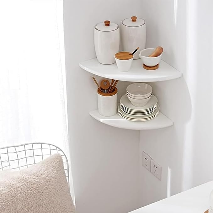 Corner Shelves, White Floating Corner Shelf, Set of 2 12inch Solid Oak Wood Wall Shelves, Round End Wall Mount with Wire Hole for Small Plant for Bedroom Kitchen, Living Room