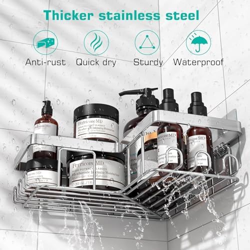 YASONIC Corner Adhesive Shower Caddy, with Soap Holder and 12 Hooks, Rustproof Stainless Steel Bathroom Organizer, No Drilling Wall Mounted Rack, Brushed Silver, 3-Pack