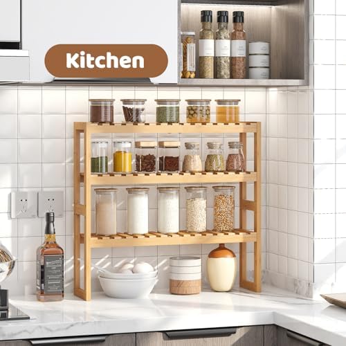 Bamboo Organizer Rack - Adjustable 3-Tier Storage Shelf, Wall Mounted or Over The Toilet, Living Room, Kitchen (Natural)