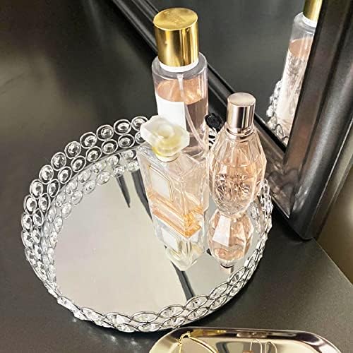 Crystal Vanity Tray Decorative Mirrored Dresser Perfume Trays for Makeup Cosmetic Storage Jewelry Trinket Storage Organizer for Bathroom Countertop Home Décor (Oval, 14x10in, Silver)