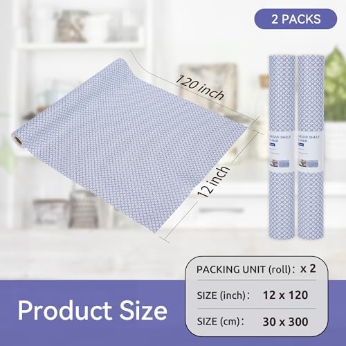 FIFTY FEET 12"x120" Non-Adhesive Shelf Liner for Kitchen Cabinets and Drawers, Washable Non-Slip PVC Cabinet Liner (Blue Circle)(2 Roll)