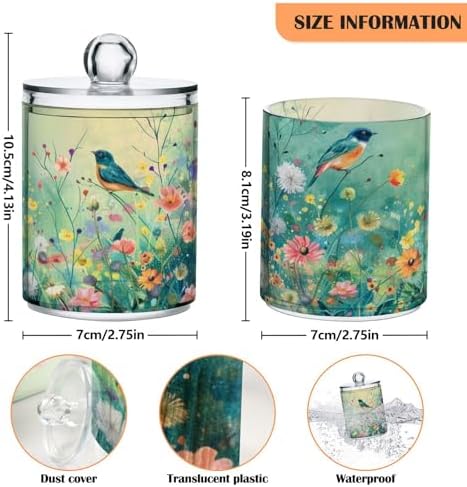 senya Clear Plastic Jars Cotton Swabs Cans, Bird Wildflowers Emerald Green Bathroom Canisters Storage Organizer with Lids 2PCs Set for Cotton Ball, Cotton Swab, flossers, Hair Bands