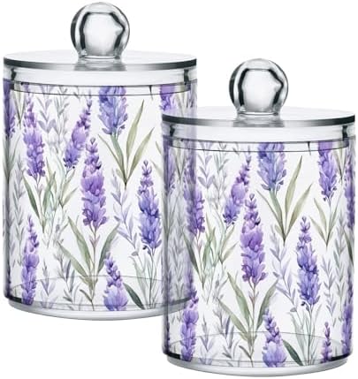 2 Pack Qtip Holder Dispenser With Lids, Watercolor Purple Lavender Plastic Storage Containers, Bathroom Canisters Organizer for Cotton Ball, Swab, Round Pads, Floss 21215316