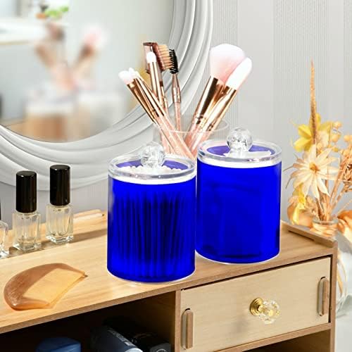 SHJI Blue Qtip Holder Organizer Dispenser Cotton Swabs Cans Plastic Jars with Lid Set 4 Pack Bathroom Storage Canister for Cotton Ball Floss Cotton Pads