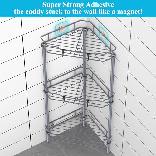 HuggieGems Metal Floor Standing Corner Shower Caddy, Dark Gray, 3 Tier