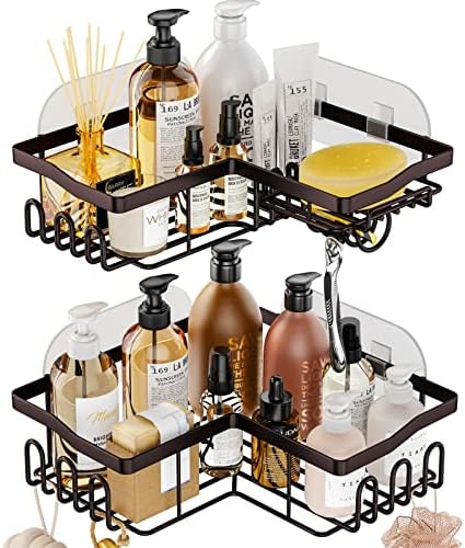 SWTYMIKI Stainless Steel Corner Shower Caddy, Shower Storage Basket Shelves with 11 Hooks, 2-Pack Shower Organizers Built-in Soap Holder No Drilling Shower Racks for Bathroom, Bronze