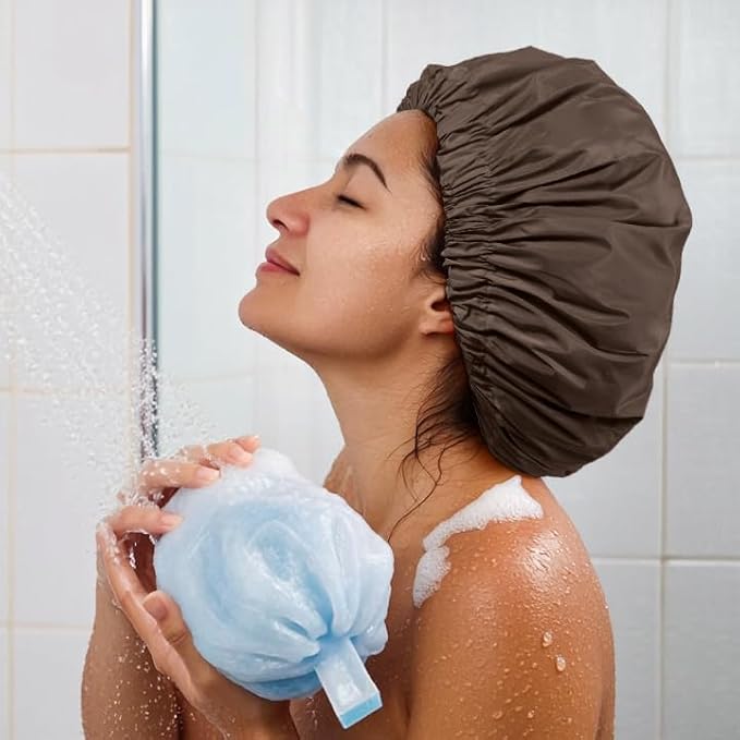 Edoneery Shower Caps for Women Reusable Waterproof, Shower Hair Cap | Washable Bonnet, Wide Elastic Band, Large Fit, Holds Long Hair, Braids Friendly, Bath Accessories, Spa, Travel