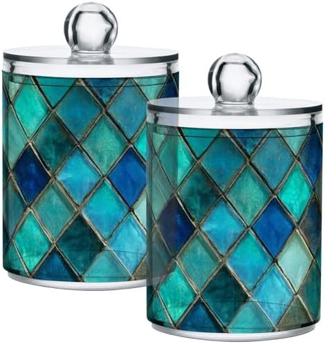 Turquoise Glass Mosaic Qtip Holder Dispenser Teal Geometric Bathroom Canister Storage Organization 4 Pack Clear Plastic Apothecary Jars with Lids Vanity Makeup Organizer For Cotton Swab Ball Floss