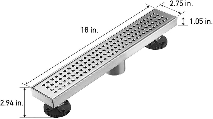 AVSIILE Linear Shower Floor Drain, Brushed Nickel 18 Inch 304 Stainless Steel Bathroom Drains Kit, Long Rectangular Shower Trench Drain with Square Pattern Drain Cover & Hair Catcher