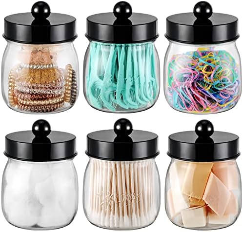 SheeChung Farmhouse Decor Apothecary Jar Set,Mason Jar Bathroom Vanity Storage Organizer Canister Qtip Holder Makeup Organizer for Cotton Balls,Swabs,Pads,Bath Salts (10PCS,Black&Clear)